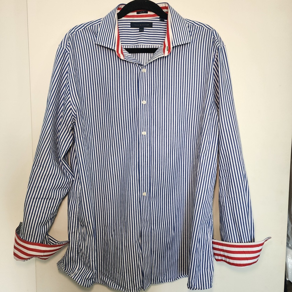 Tommy Hilfiger Button Down Mens 16.5 34-35 Blue White Excellent Slim Fit Striped